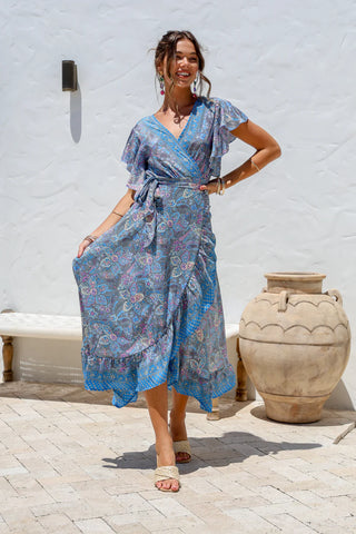 Ava Wrap Dress - Blue Paisley