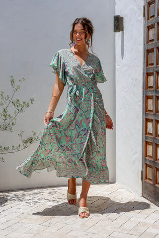 Ava Wrap Dress - Green Print